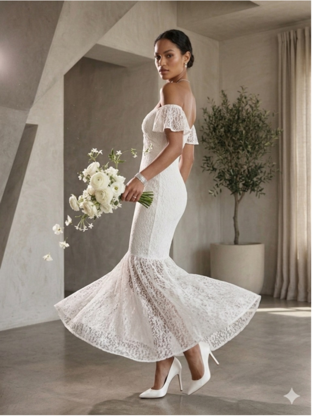 White Lace Mermaid Wedding Dress Off Shoulder Prom Bridal Gown Minimalist Size M